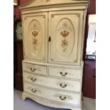 19th cent. Painted cupboard on chest, bow fronted, domed cornice. Twin door cupboard, 2/2 chest. The