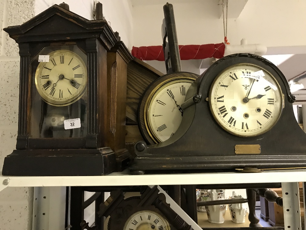 Clocks: Oak cased Napoleon hat clock, mantel clock, wall clock and one other clock (4).