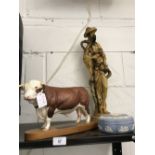 20th cent. Ceramics: Beswick bull on a plinth connoisseur model (1 horn a/f). plus a Wedgwood