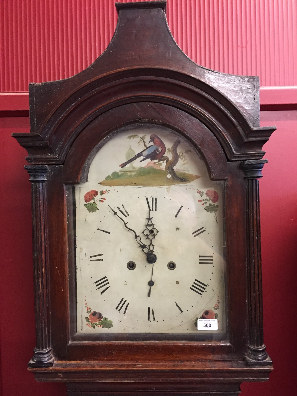 Clocks: 19th cent Mahogany long case 8 day clock. Painted arch dial, Roman numerals. Seconds hand at