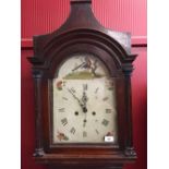Clocks: 19th cent Mahogany long case 8 day clock. Painted arch dial, Roman numerals. Seconds hand at