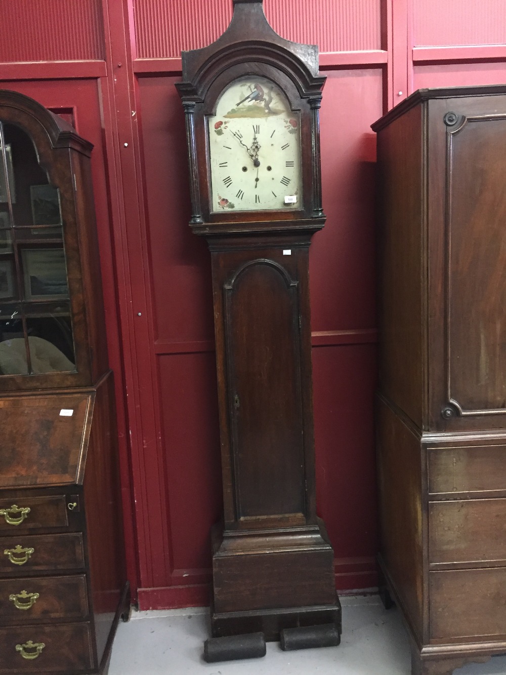 Clocks: 19th cent Mahogany long case 8 day clock. Painted arch dial, Roman numerals. Seconds hand at - Image 2 of 2