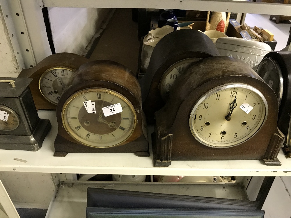 Clocks: 20th cent. Oak, mahogany & Bakelite cased mantel clocks, Smiths etc. (7 in total).
