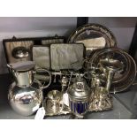 Plated Ware: Hot water jug and lid, sugar sifter, vases, four cup boiled egg set, boxed sets of