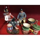 Royal Doulton: Figures - "Drummer Boy" HN 2679, "The Huntsman" HN 2492 plus 3 character jugs (small)