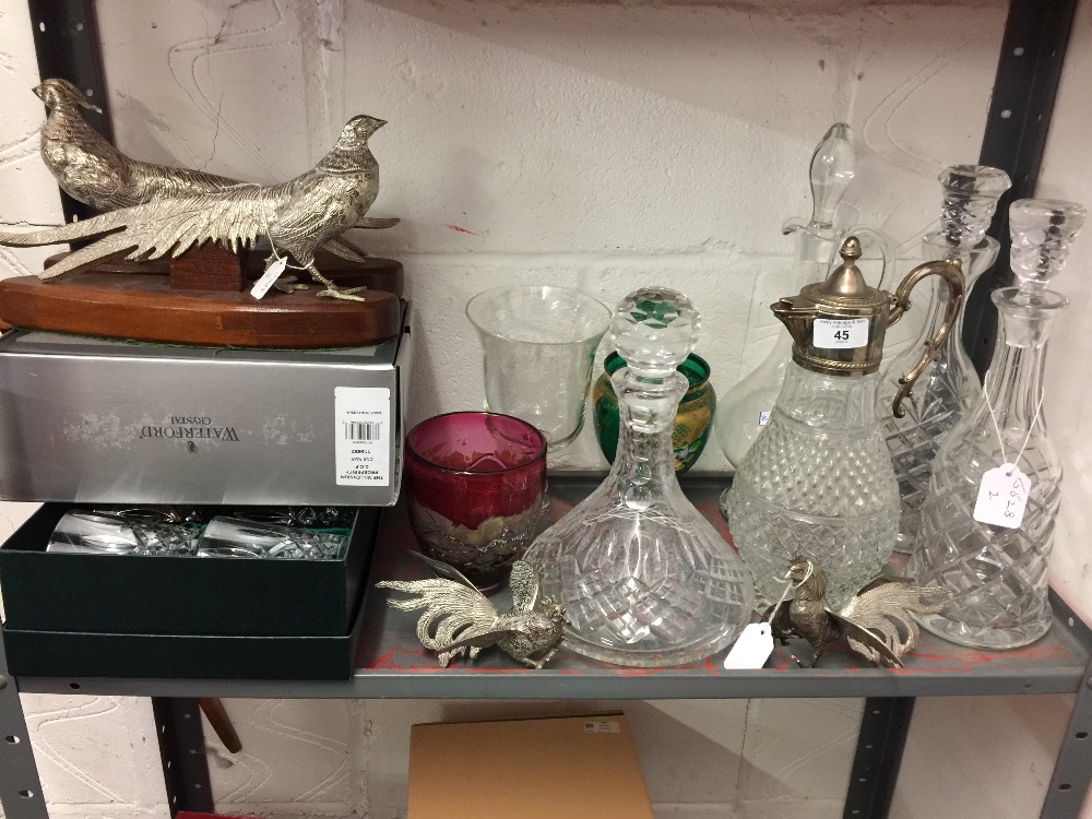 20th cent. Glassware: Ships decanter, 2 claret jugs, 2 spirit decanters, celery pot, a top glass