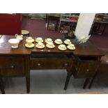19th cent. Mahogany breakfront dresser base, single drawer flanked by 2 cupboards on turned