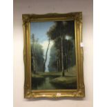 Early 20th cent. British School: Oil on canvas 'Forest glade and still water' pastoral scene, ornate