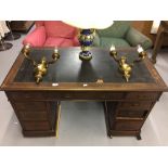 Early 20th cent. Stained mahogany twin pedestal desk, 9 drawers & leather skiver.