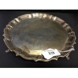 Hallmarked Silver: Salver, pie crust edge, four pad feet, Chester 1918. 11oz. Diameter 8ins.