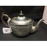 Hallmarked Silver: Very ornate teapot carved with floral and fluted designs, inscribed on the