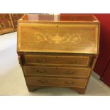 20th cent. Edwardian mahogany bureau, inlaid with fruitwood, drop flap, 3 drawers with fitted