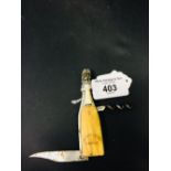 Corkscrews/Wine Collectables: Champagne bottle shaped steel knife, blade & wire cutters, bone handle