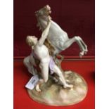 Early 20th cent. Continental figurine Alexander the Great and Bucephalus, crossed swords in