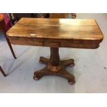 19th cent. Rosewood swivel top card table, green circular base, octagonal column rising off 4 bun