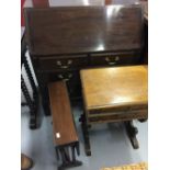 20th cent. Mahogany effect bureau, drop flap over 2/3 drawers plus a telephone table and a dwarf