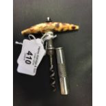 Corkscrews/Wine Collectables: 18th cent. Silver pocket screw, faux tortoiseshell handle (treen),