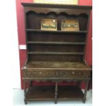 19th cent. Dresser, base with twin drawers & pot board beneath, turned supports. The rack has 3