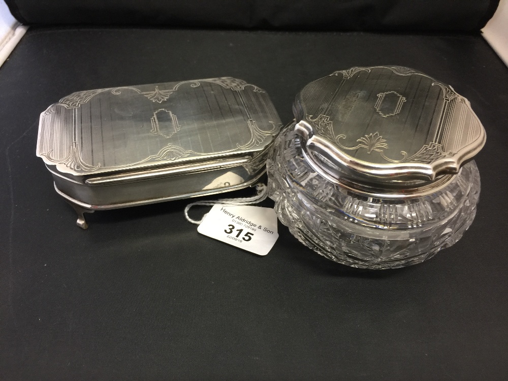 Hallmarked Silver: Dressing table ring box and cut glass with silver lid talc pot. Engine turned and