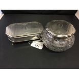 Hallmarked Silver: Dressing table ring box and cut glass with silver lid talc pot. Engine turned and