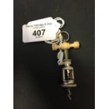 Corkscrews/Wine Collectables: Miniature screw, open frame, bone handle with spring shank, webbed