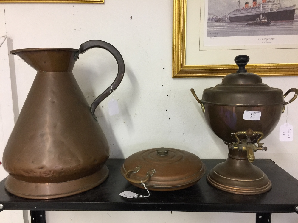 Copperware: Small samovar, ebony turned finial, a carriage warmer, and a large 2 gallon cider jug.