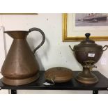 Copperware: Small samovar, ebony turned finial, a carriage warmer, and a large 2 gallon cider jug.