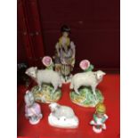 19th cent. Sheep spill vases, a pair, sheep ornament, Crown Derby figure of a lady gardener a/f.