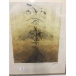 20th cent. French Print: Limited edition 8/90 abstract 'Fields in a Windstorm' in tones of ochre,