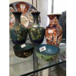 Oriental Metalware and Ceramics: Cloisonnè long neck baluster vases green/blue ground decorated with