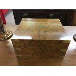 Cigar Humidor: Burr walnut box, brass bound & furniture with 8 cigars and a leather cigar holder and
