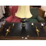 Lighting: 20th cent. Brass wall lights, a pair. 13ins. long, 7ins. projection. Plus a vase, blue and