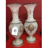 Glassware: Opaque glass vases with enamel decoration, highlighted in red and gilt. A pair. 10ins.
