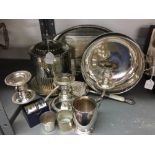 Plated Ware: Silver plated biscuit barrel, tray, candelabra, bowl, cake server, christening mug,