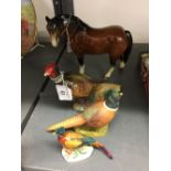 20th cent. Ceramics: Horse, indistinct back stamp, KSP pheasant and an Aynsley pheasant and a