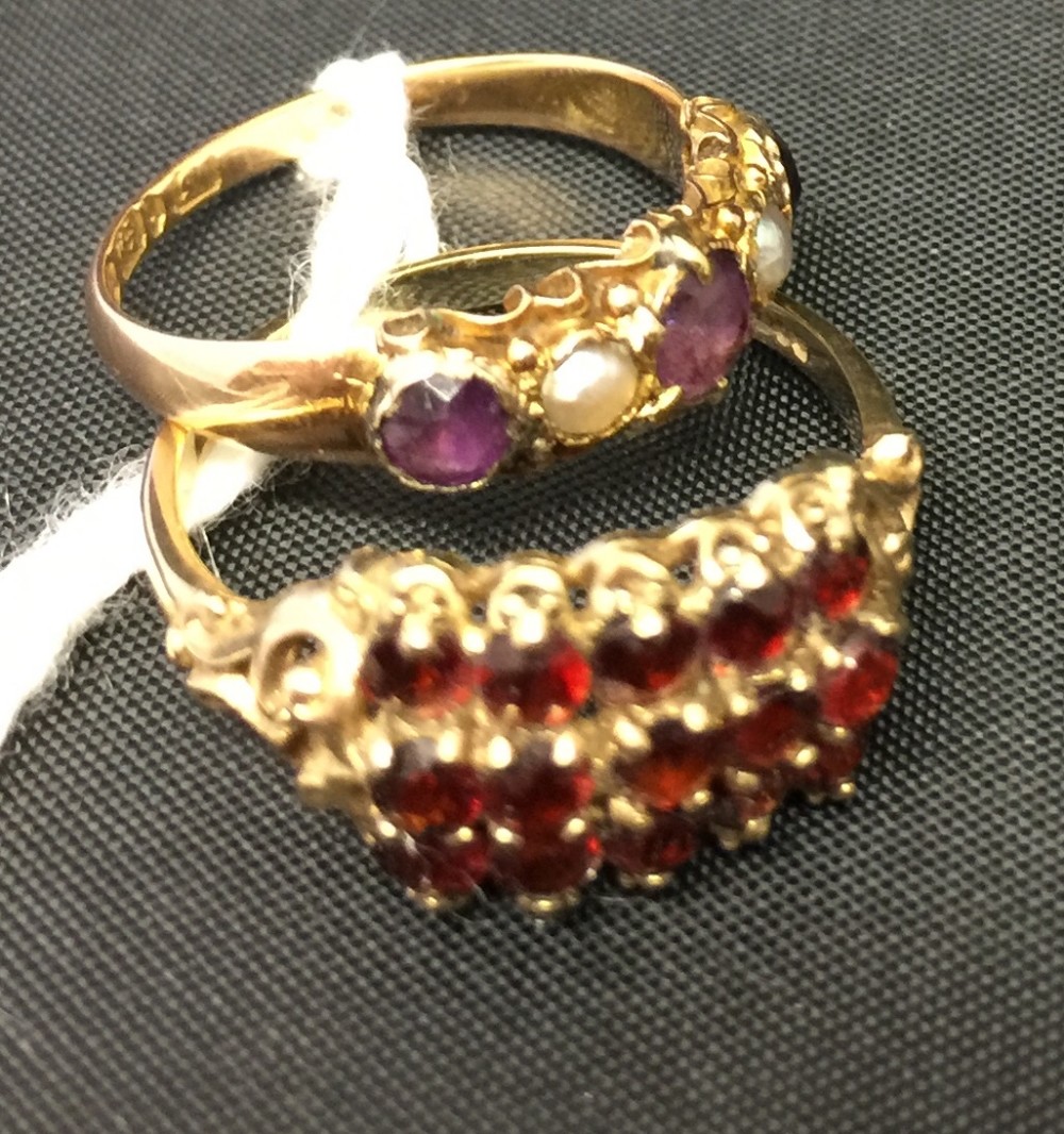 Jewellery: Triple row, garnet ring, set in shank marked 375, Sheffield also an amethyst and pearl