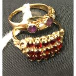 Jewellery: Triple row, garnet ring, set in shank marked 375, Sheffield also an amethyst and pearl