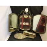 Hallmarked Silver: Dressing table hand held mirror, clothes brush, and iron framed triptych mirror.