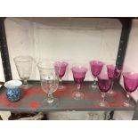 Glassware: Cranberry goblets x 6, 7ins. 19th cent. Celery vases, acid etched x 2, 9¼ins. 8ins. 9020.