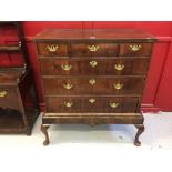 18th cent. Mahogany and oak chest on stand, 3 over 3 graduated drawers, branded inlay and brass