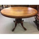 19th cent. Mahogany oval tilt top table, single turned column on 4 splayed supports.