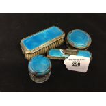 Hallmarked Silver: Dressing table set decorated in blue enamel, comprises a small brush, compact,