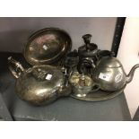 Plated and Pewter Ware: Tea service with tray, tankards, salt spoons, etc.