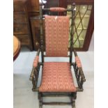 19th cent, Oak American rocking chair, upholstered seat, back and arm rests.