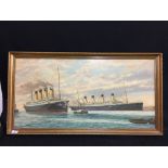 R.M.S. TITANIC: Oil painting on canvas by Simon Fisher. Olympic & Titanic at Belfast. Framed,