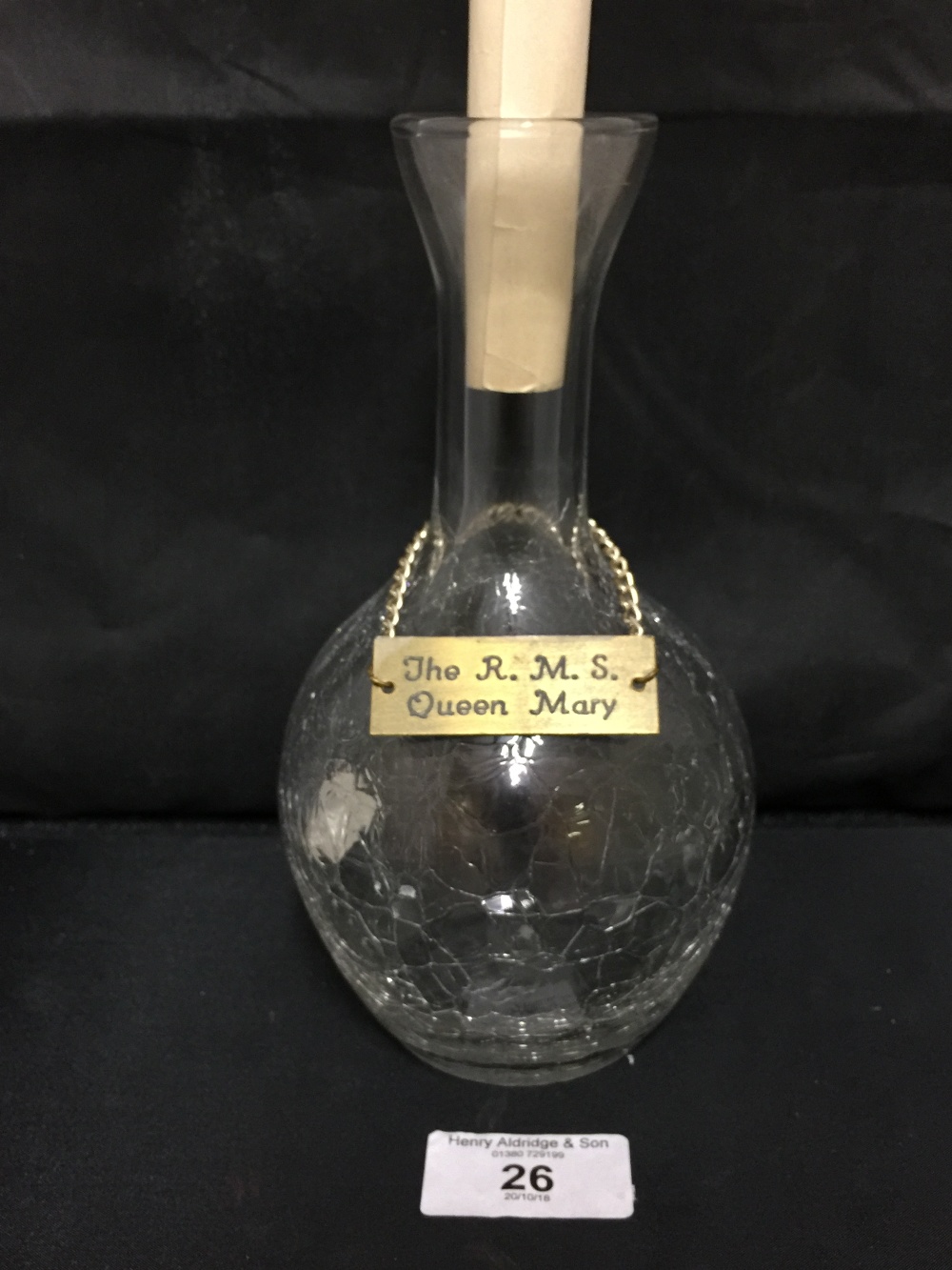 CUNARD: R.M.S. Queen Mary crackle glass carafe with engraved plaque around neck and certificate that