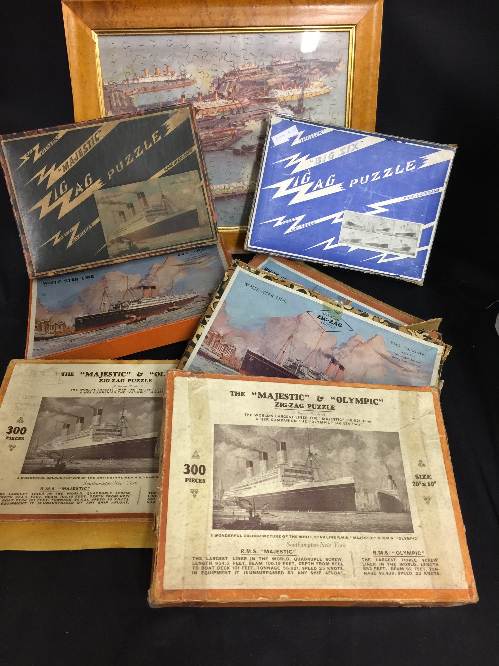 R.M.S. OLYMPIC/TOYS/OCEAN LINER: Zig-zag jigsaw puzzles of White Star liners. Six complete, one with