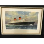 OCEAN LINER: Period Cunard agent's print by C. R. Turner showing the Queen Elizabeth at sea.