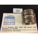 **R.M.S. TITANIC: White metal napkin ring inscribed Edith Rosenbaum. It is reputed that this lot