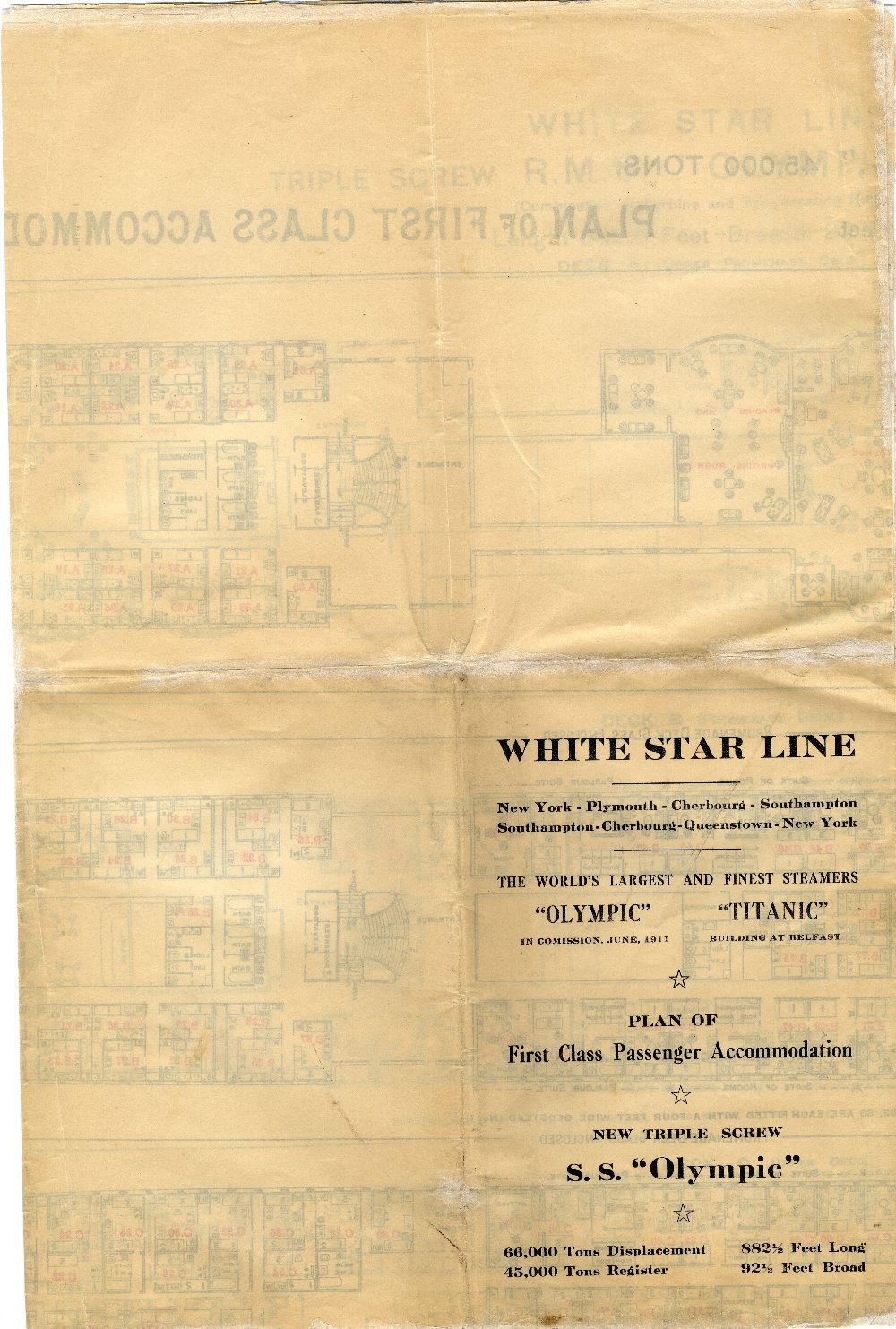 R.M.S. OLYMPIC: Rare early Triple Screw R.M.S. Olympic 45,000 Tons - Plan of First Class